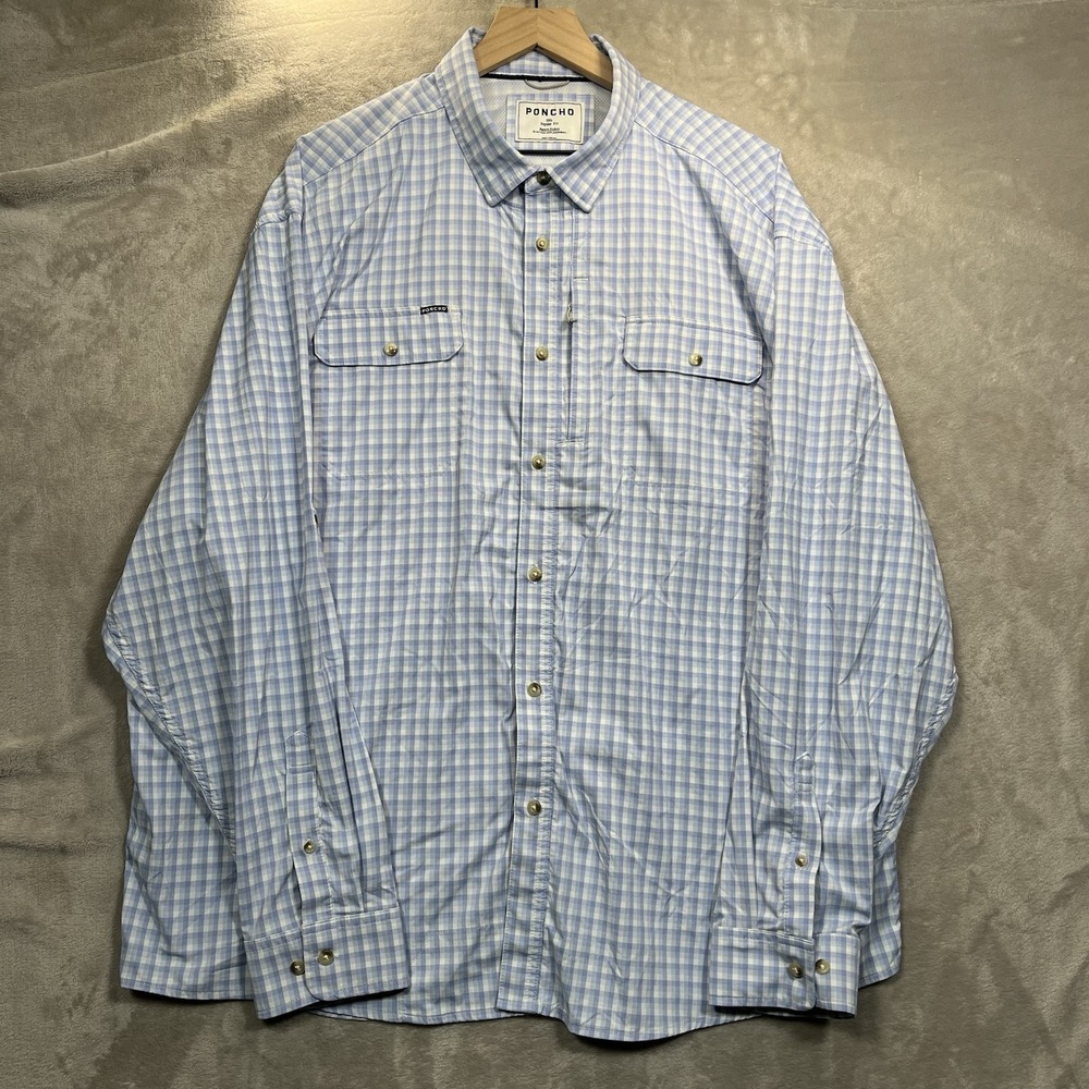 Poncho Shirt 3XL Long Sleeve Blue And White Plaid Magnetic Pockets Fishing
